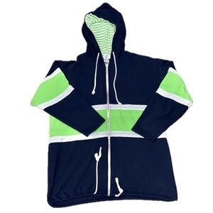 🧥👟 TARA VANESSA Paris Y2K Zip Preppy Hoodie | Navy Lime Stripe Reflective | Sz L